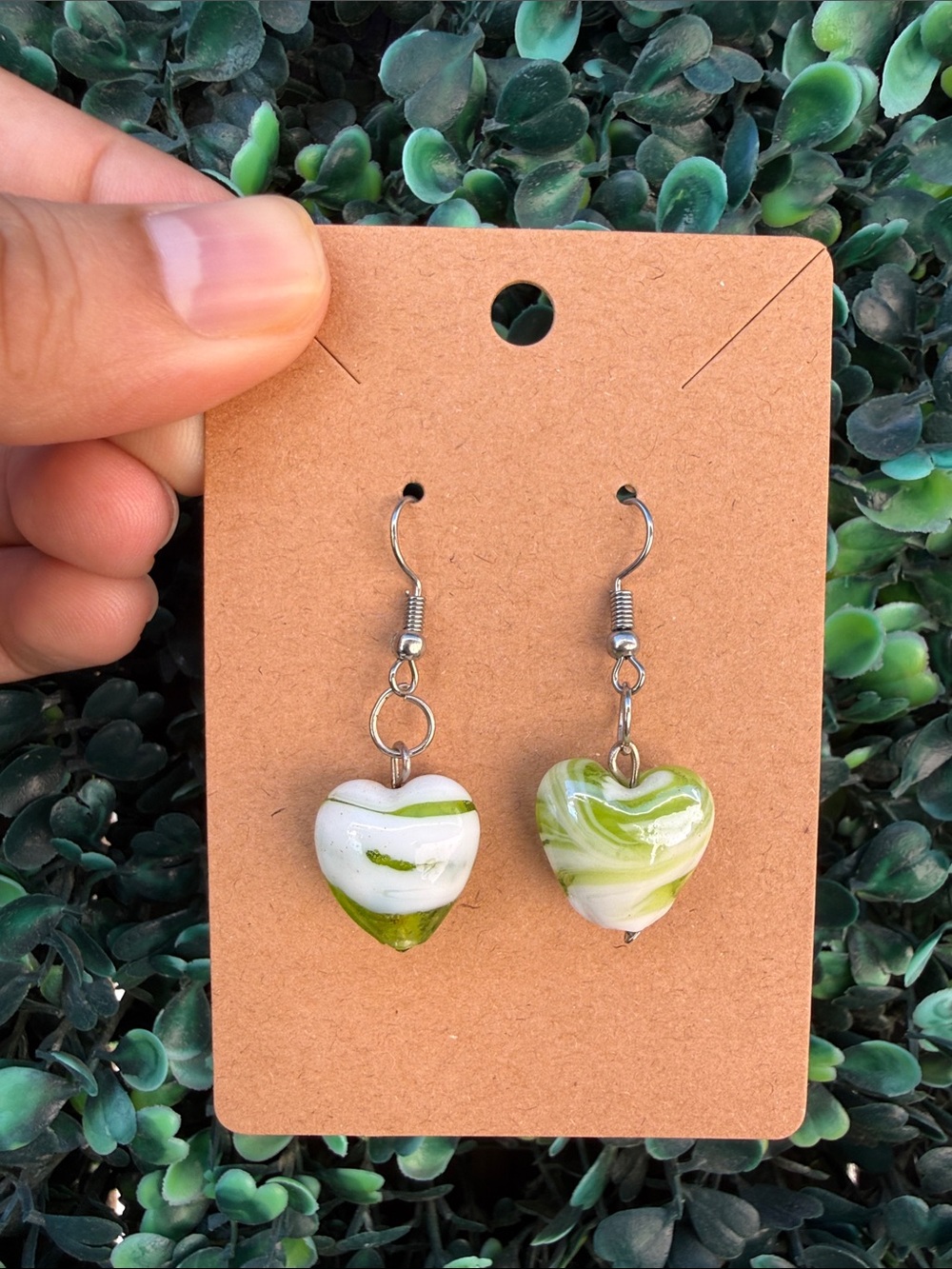 Handcrafted Green and White Murano Glass Heart Dangle Earrings